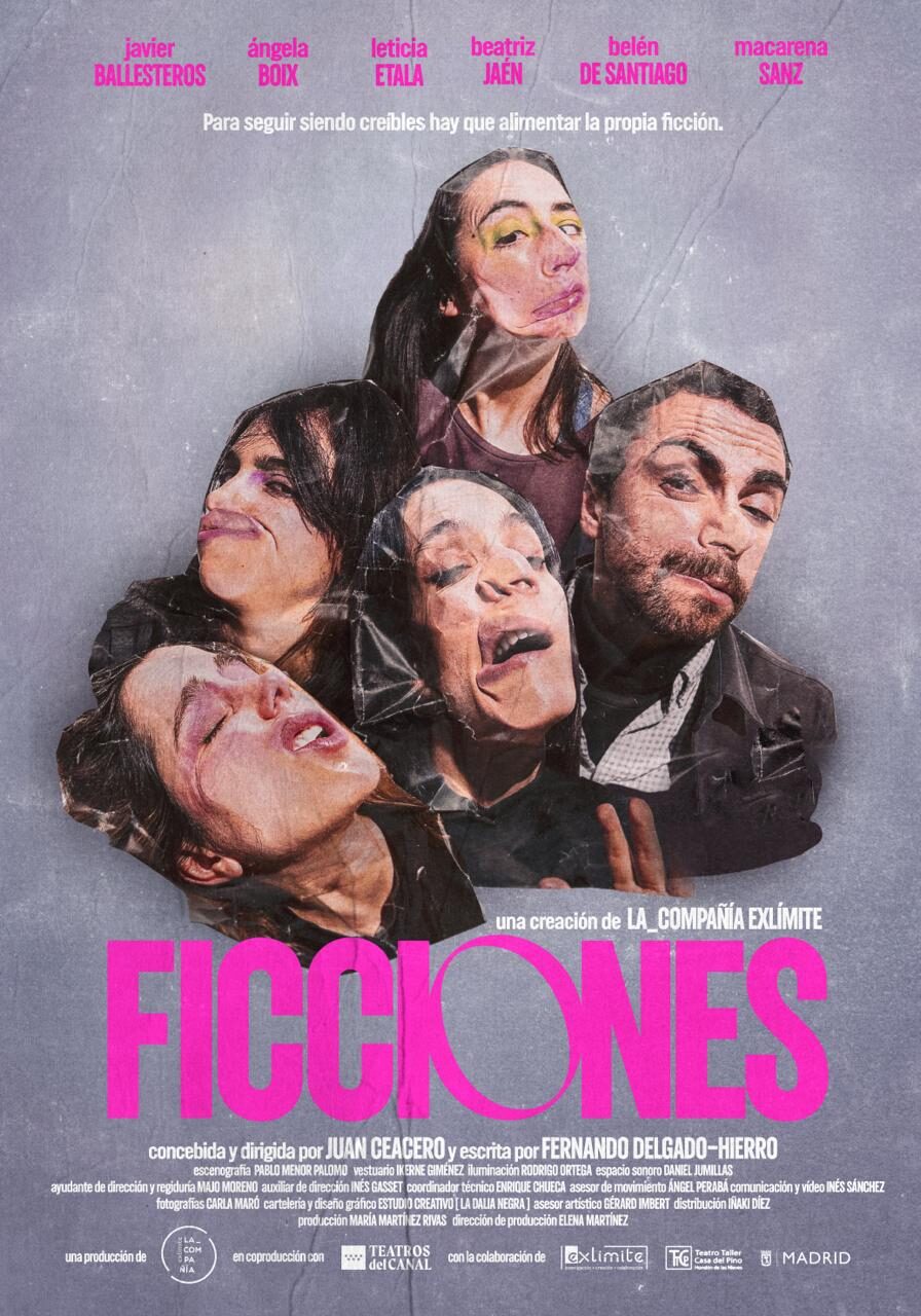 cartel de ficciones: seis caras recortadas y pegadas con cinta sobre un fondo gris