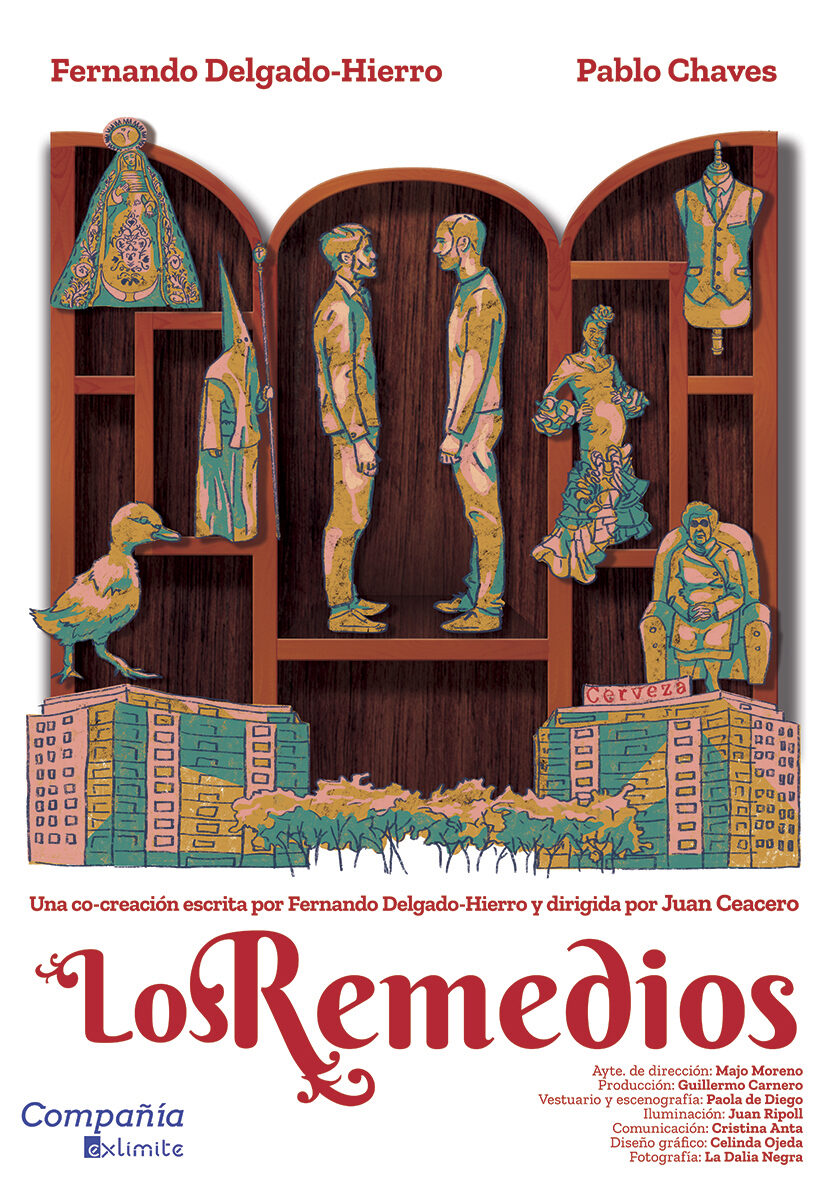 cartel de los remedios: una vitrina de madera con figuras recortadas, bloques de viviendas y un pato
